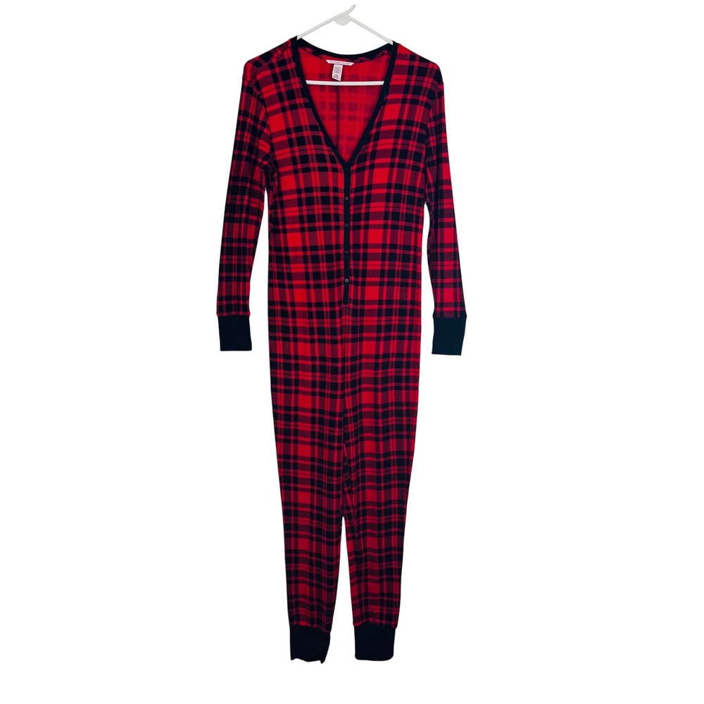 Victoria's Secret Red Buffalo Plaid Union Suit Henley Pajamas One Piece Cabin